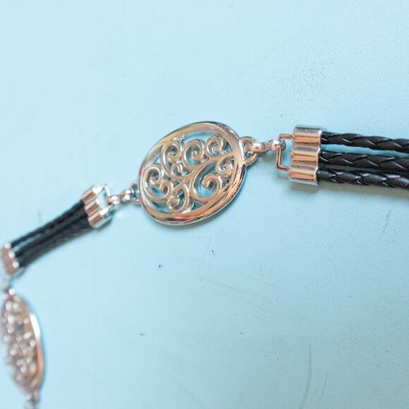 Silver Metal Black Leather Braided Chain Style Adjustable Clasp Waist Belt - Picture 4 of 6